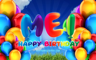 Mei Happy Birthday, 4k, cloudy sky background, female names, Birthday Party, colorful ballons, Mei name, Happy Birthday Mei, Birthday concept, Mei Birthday, Mei