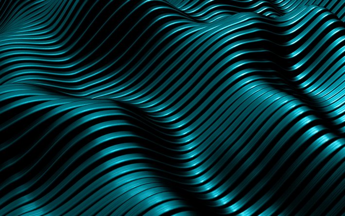 ターコイズブルーの金属波背景, 4k, 3次元波動の背景, 3d金属の質感, 金属背景