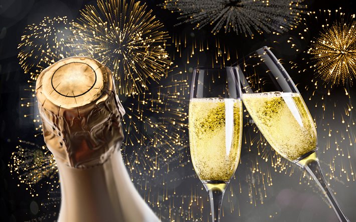 frohes neues jahr, 4k, gl&#228;ser mit champagner, feuerwerk, silvester-nacht, champagner, frohe weihnachten
