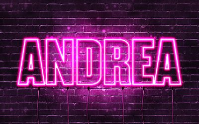 Andrea, 4k, pap&#233;is de parede com os nomes de, nomes femininos, Andrea nome, roxo luzes de neon, texto horizontal, imagem com Andrea nome