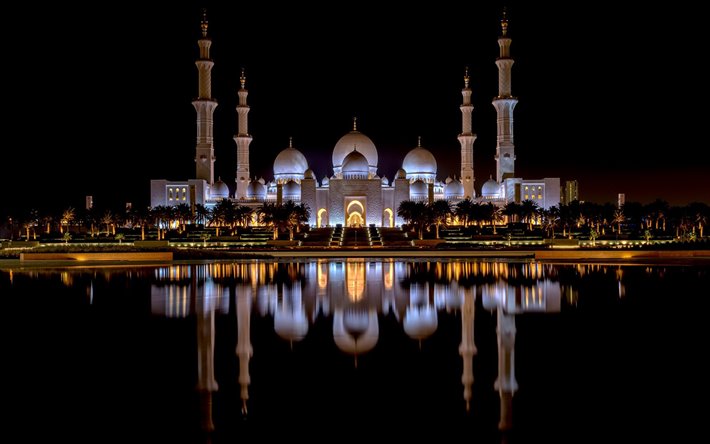 sheikh-zayed-moschee, abu dhabi, nacht, abend, moschee, abu dhabi wahrzeichen, vae, sheikh zayed grand mosque, vereinigte arabische emirate