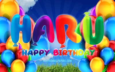 Haru Happy Birthday, 4k, cloudy sky background, Birthday Party, colorful ballons, Haru name, Happy Birthday Haru, Birthday concept, Haru Birthday, Haru