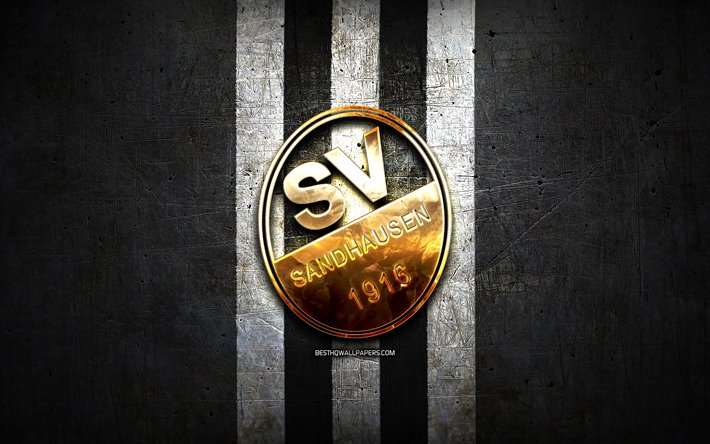 Sandhausen FC, logo dorato, Bundesliga 2, nero, metallo, sfondo, calcio, SV Sandhausen, squadra di calcio tedesca, Sandhausen logo, Germania