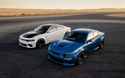 Dodge Challenger SRT HellCat, 2019, front view, exterior, new white Challenger SRT, new blue Challenger SRT, tuning Challenger, american cars, Dodge