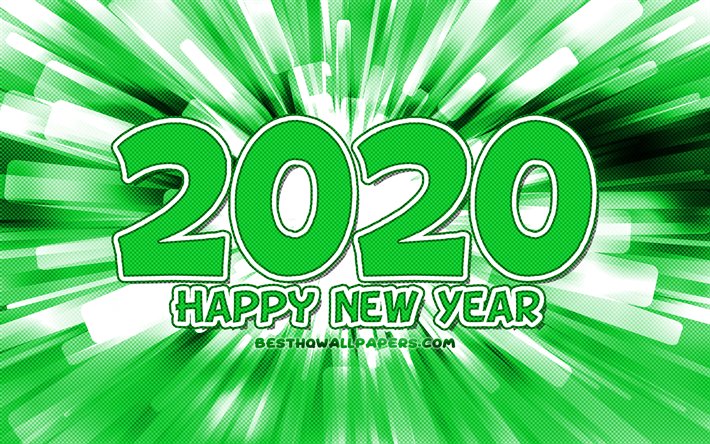 4k, سنة جديدة سعيدة عام 2020, الأخضر مجردة أشعة, 2020 الأرقام الخضراء, 2020 المفاهيم, 2020 على خلفية خضراء, 2020 أرقام السنة