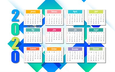 2020 Calendario, azul abstracci&#243;n de fondo, mosaico de fondo, el calendario de 2020 todos los meses, el a&#241;o 2020 conceptos, 2020 a&#241;o nuevo