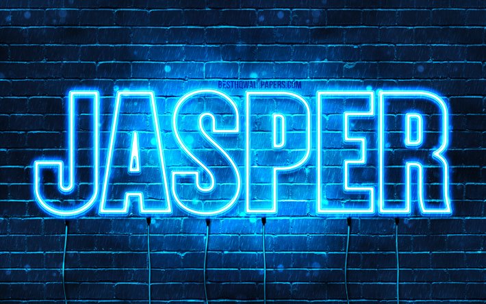 Jasper, 4k, adları Jasper adıyla, yatay metin, Jasper adı, mavi neon ışıkları, resimli duvar kağıtları