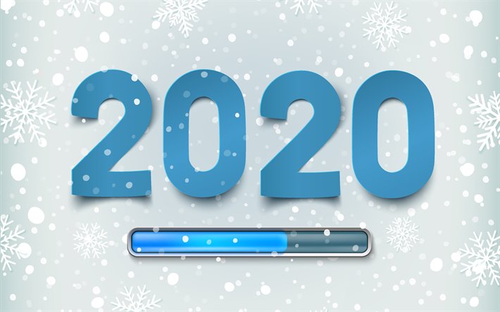 2020 winter background, snowflakes, Happy New Year 2020, blue paper letters, 2020 concepts, winter concepts, White 2020 background, 2020 greeting card
