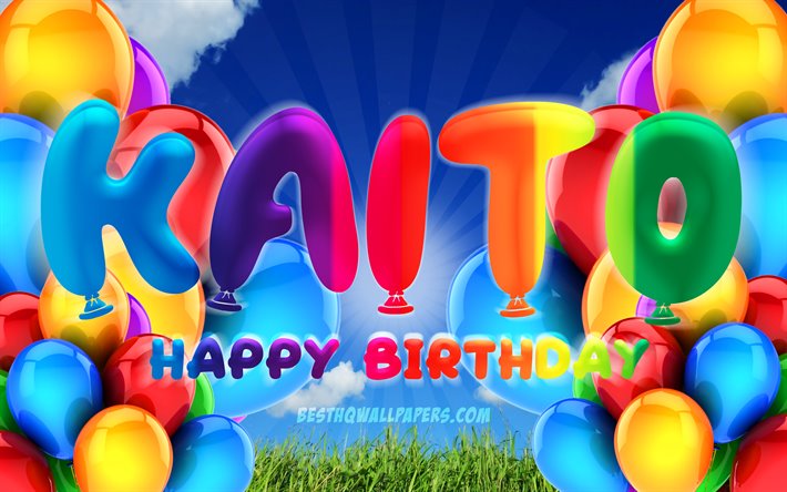 kaito happy birthday, 4k, bew&#246;lkten himmel hintergrund, geburtstag, bunte ballons, kaito namen, happy birthday kaito, geburtstag konzept, kaito geburtstag, kaito