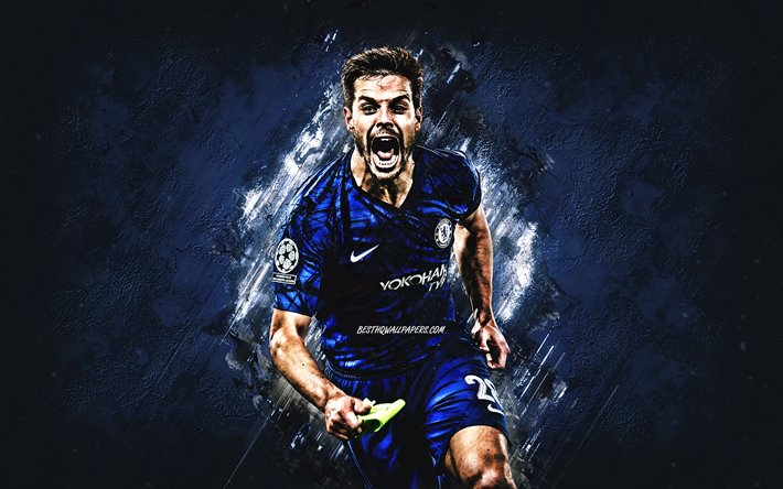Cesar Azpilicueta, O Chelsea FC, o jogador de futebol espanhol, retrato, Premier League, a pedra azul de fundo, Inglaterra, futebol