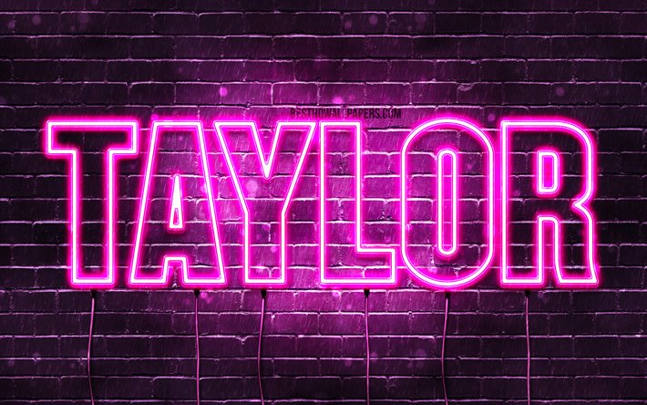 Taylor, 4k, wallpapers with names, female names, Taylor name, purple neon lights, horizontal text, picture with Taylor name