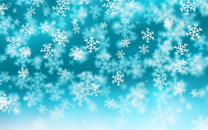 blue snowflakes background, 4k, stars, blue winter background, white snowflakes, glare, winter backgrounds