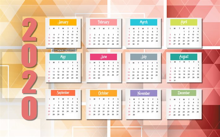 2020 Calendario, arancione, astratto sfondo, tutti i mesi il 2020, creative, calendario 2020 tutti i mesi, mosaico, sfondo