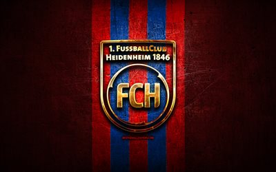 FC Heidenheim, kultainen logo, Bundesliga 2, punainen metalli tausta, jalkapallo, saksalainen jalkapalloseura, FC Heidenheim logo, Saksa