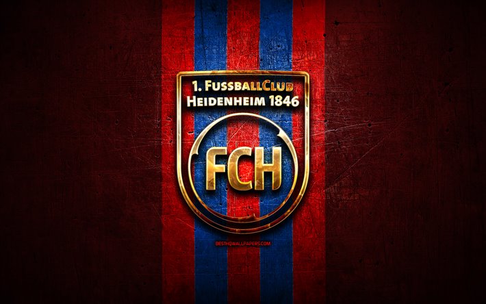FC Heidenheim, golden logo, Bundesliga 2, red metal background, calcio, italian football club, FC Heidenheim logo, soccer, Germany