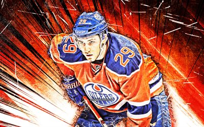 Leon Draisaitl, grunge art, NHL, Edmonton Oilers, hockey stars, Draisaitl, orange abstract rays, hockey, hockey players, USA, Draisaitl Edmonton Oilers