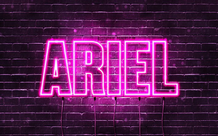 Ariel, 4k, wallpapers with names, female names, Ariel name, purple neon lights, horizontal text, picture with Ariel name