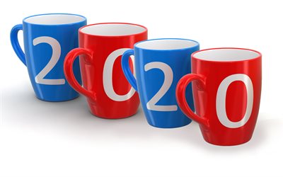 Happy New Year 2020, cups with the inscription 2020, 2020 concerts, creative 2020 background, 3d cups, 2020 New Year