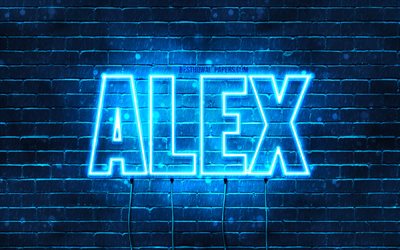 Alex, 4k, fondos de pantalla con los nombres, el texto horizontal, Alex nombre, luces azules de ne&#243;n, de la imagen con el nombre Alex