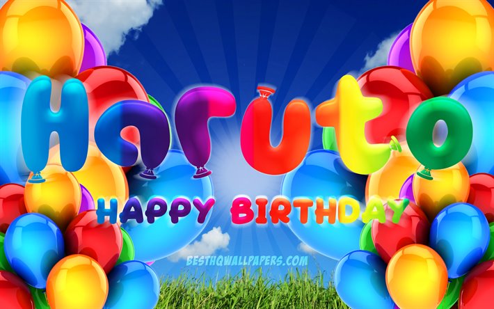 Haruto Happy Birthday, 4k, cloudy sky background, female names, Birthday Party, colorful ballons, Haruto name, Happy Birthday Hina, Birthday concept, Haruto Birthday, Haruto