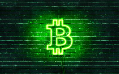 ビットコインのグリーン-シンボルマーク, 4k, 緑brickwall, ビットコインロゴ, cryptocurrency, ビットコインのネオンのロゴ, ビットコイン