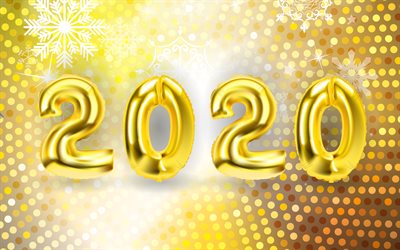 Feliz Ano Novo 2020, 4k, bal&#245;es de ouro, 2020 3D d&#237;gitos, decora&#231;&#245;es de natal, 2020 arte 3D, 2020 conceitos, 2020 em fundo dourado, 2020 d&#237;gitos do ano