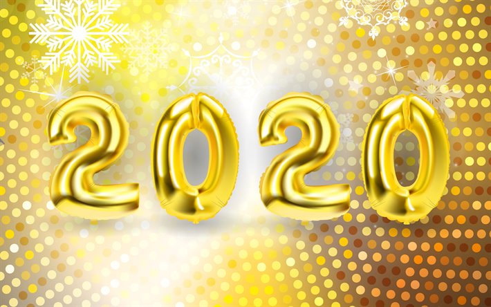 frohes neues jahr 2020, 4k, goldene ballons, 2020 3d-ziffern, weihnachten dekorationen, 2020 3d-kunst, 2020-konzepte, bis 2020 auf goldenem hintergrund, 2020 jahr ziffern