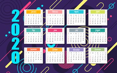 2020 Kalenteri, Violetti 2020 retro kalenteri, 2020 kaikki kuukauden kalenteri, 2020 Uusi Vuosi, 2020 k&#228;sitteit&#228;, violetti retro tausta