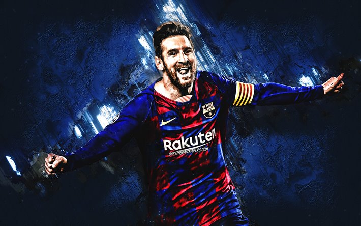 Lionel Messi, a pedra azul de fundo, O FC Barcelona, Catal&#227;o futebol clube, arte criativa, Leo Messi, A Liga, futebol, Espanha