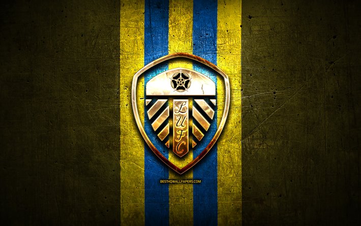 Leeds United FC, golden logotyp, EFL Championship, gul metall bakgrund, fotboll, Leeds United, engelska football club, Leeds United logotyp, England