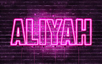 Aliyah, 4k, wallpapers with names, female names, Aliyah name, purple neon lights, horizontal text, picture with Aliyah name