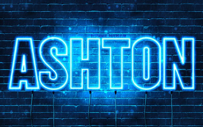 Ashton, 4k, wallpapers with names, horizontal text, Ashton name, blue neon lights, picture with Ashton name