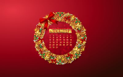 December 2019 Calendar, red background, Christmas frame, Christmas golden ornament, New Year, December 2019, calendar