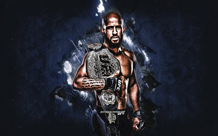 Demetrious Johnson, UFC, optimizaci&#243;n del rendimiento Campe&#243;n, luchador americano, retrato, la piedra azul de fondo