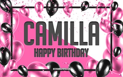 お誕生日おめでCamilla, お誕生日の風船の背景, Camilla, 壁紙名, Camillaお誕生日おめで, ピンク色の風船をお誕生の背景, ご挨拶カード, Camilla誕生日