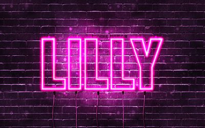 Lilly, 4k, taustakuvia nimet, naisten nimi&#228;, Lilly nimi, violetti neon valot, vaakasuuntainen teksti, kuvan Lilly nimi