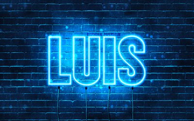 Luis, 4k, les papiers peints avec les noms, le texte horizontal, Luis nom, bleu n&#233;on, une photo avec le nom de Luis