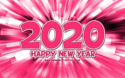 4k, Hyv&#228;&#228; Uutta Vuotta 2020, vaaleanpunainen abstrakti-s&#228;teilt&#228;, 2020 vaaleanpunainen numeroa, 2020 k&#228;sitteit&#228;, 2020 vaaleanpunainen tausta, 2020 vuosi numeroa