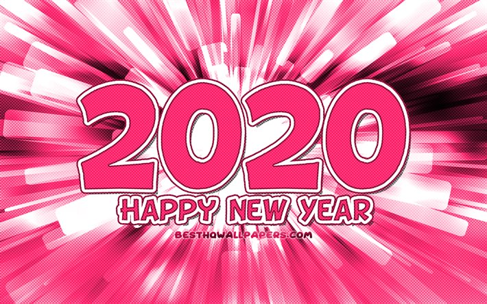 4k, Feliz Ano Novo 2020, cor-de-rosa resumo raios, 2020-de-rosa d&#237;gitos, 2020 conceitos, 2020 em fundo rosa, 2020 d&#237;gitos do ano