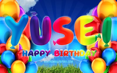 Yuseiお誕生日おめで, 4k, 曇天の背景, 女性の名前, 誕生パーティー, カラフルなballons, Yusei名, お誕生日おめでYusei, 誕生日プ, Yusei誕生日, Yusei