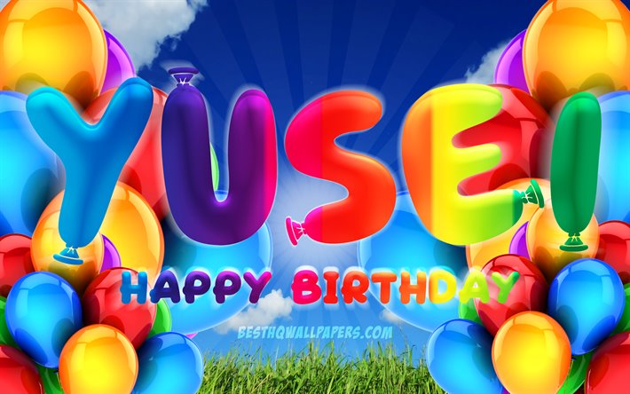 Yusei Happy Birthday, 4k, cloudy sky background, female names, Birthday Party, colorful ballons, Yusei name, Happy Birthday Yusei, Birthday concept, Yusei Birthday, Yusei