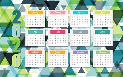 A&#241;o 2020 Calendario, mosaico verde de fondo, verde geom&#233;trica de fondo, el calendario de 2020, todos los meses, el a&#241;o 2020 conceptos, calendario para el a&#241;o 2020 todos los meses