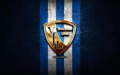 Bochum FC, logo dorato, Bundesliga 2, blu metallo, sfondo, calcio, VfL Bochum, squadra di calcio tedesca di Bochum logo, Germania