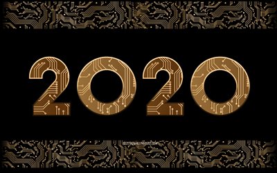 2020 Fondo de Oro, Feliz Nuevo A&#241;o 2020, Digital 2020 fondo, creativo 2020 arte, de la placa base 2020 antecedentes, conceptos 2020