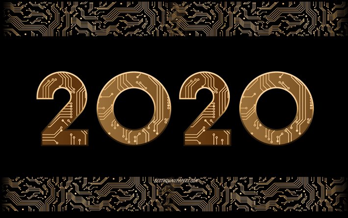 2020 Gold Background, Happy New Year 2020, Digital 2020 background, creative 2020 art, motherboard 2020 background, 2020 concepts