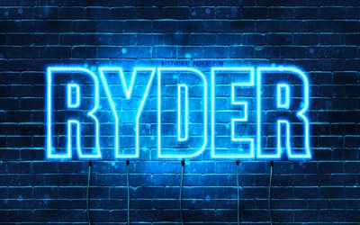 Ryder, 4k, fondos de pantalla con los nombres, el texto horizontal, Ryder nombre, luces azules de ne&#243;n, imagen con Ryder nombre