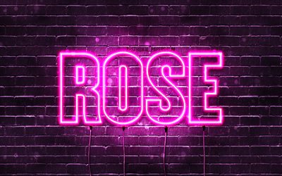 Rose, 4k, wallpapers with names, female names, Rose name, purple neon lights, horizontal text, picture with Rose name