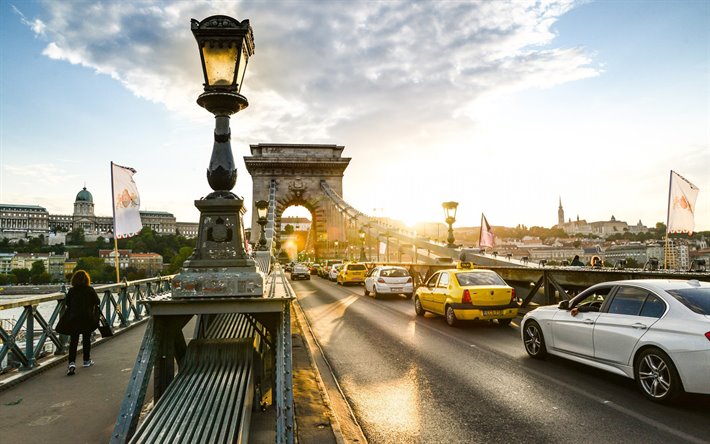 Ponte delle catene di Budapest, tramonto, sera, citt&#224;, Budapest, punto di riferimento, Ungheria