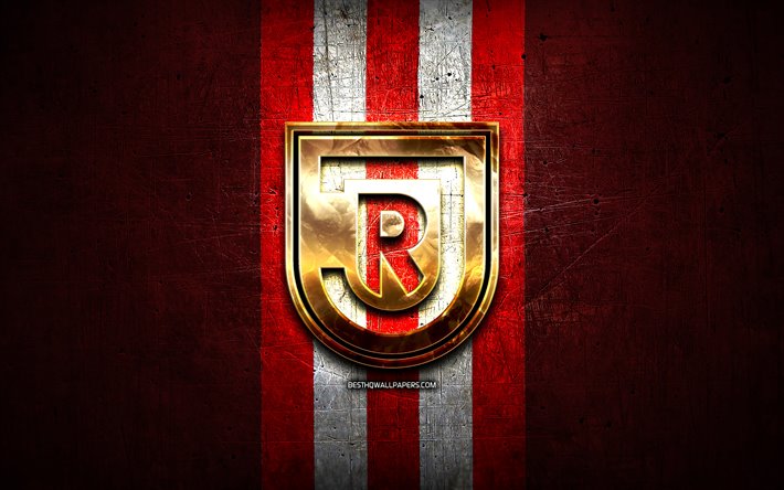 Jahn Regensburg FC, golden logo, Bundesliga 2, red metal background, football, SSV Jahn Regensburg, german football club, Jahn Regensburg logo, soccer, Germany