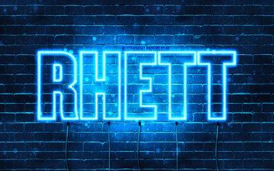 Rhett, 4k, fondos de pantalla con los nombres, el texto horizontal, Rhett nombre, luces azules de ne&#243;n, imagen con Rhett nombre